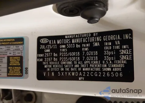 2012 Kia Sorento Sx V6 из США, поврежденный, VIN 5XYKWDA22CG226506